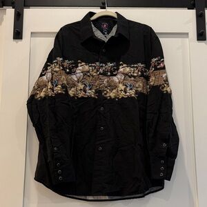 Black Vintage Western Shirt with Horse Print